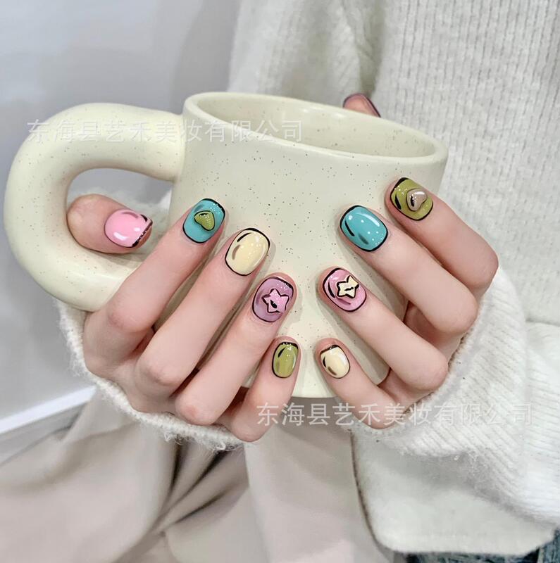 Original handmade wearing a two-dimensional dopamine sweet nail art cute girl wind three-dimensional false nail patch
