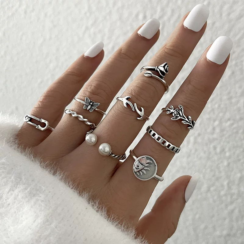 Retro pearl ring set, European style, silver-color stackable rings, multi-piece design