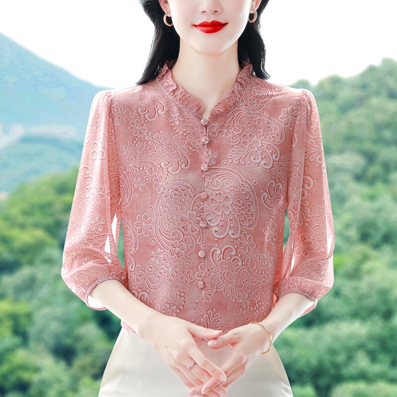 High-End Silk Shirt for Women, Three-Quarter Sleeves, New Summer Style, Ruffled Edge, Elegant Printed Blouse, Mulberry Silk Top
