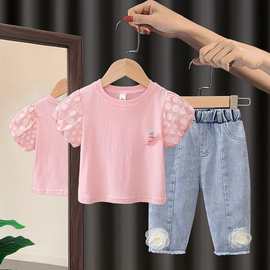 女童夏季套装2024年新款网红洋气中小儿童T恤泡泡袖牛仔裤两件套6