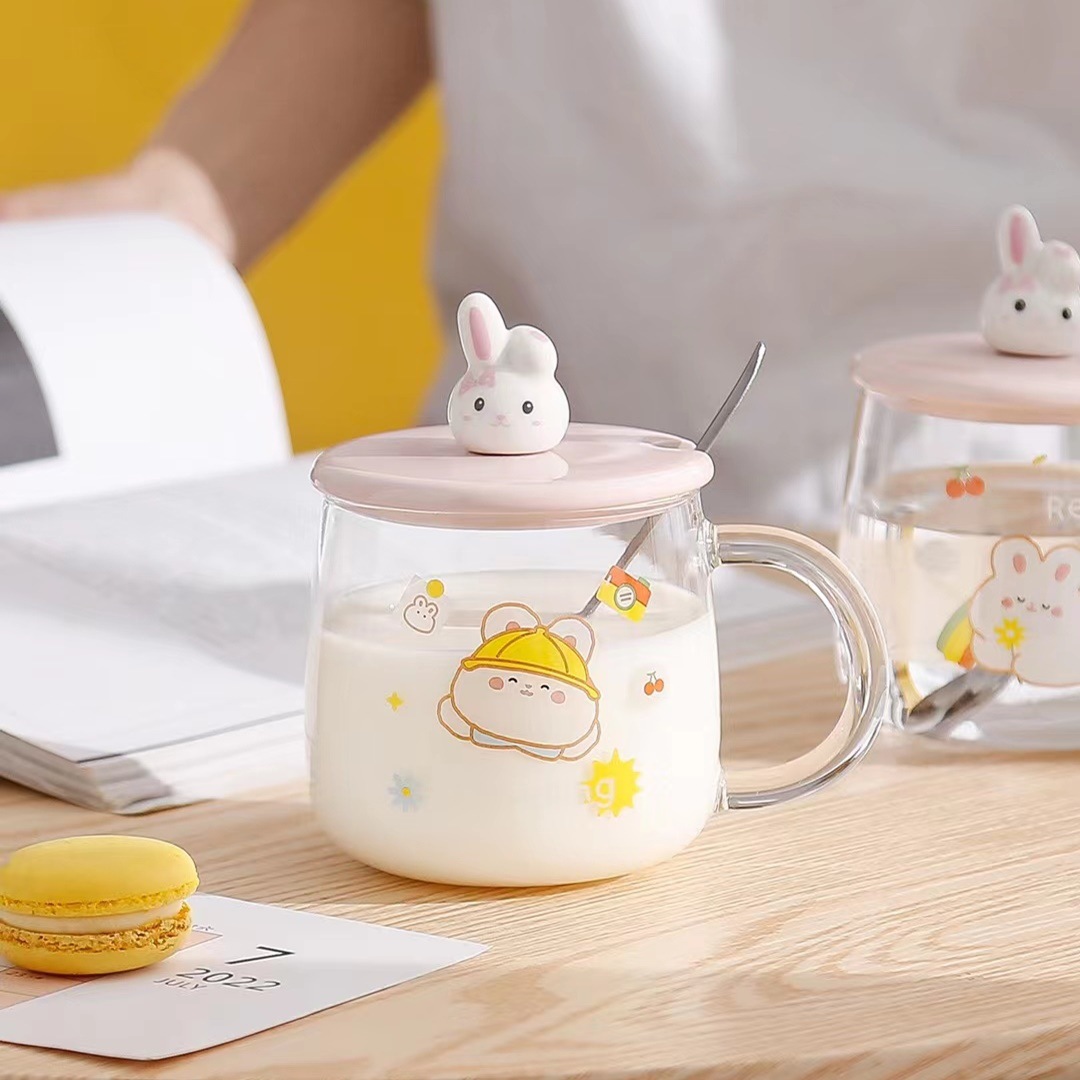 Taza de conejo tridimensional de dibujos animados de verano de alto aspecto con tapa cuchara taza de agua de vidrio taza de café de oficina taza Linda taza