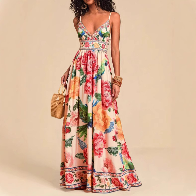 Foreign Trade Cross-Border Independent Station 2025 New Suspender Printed V-Neck Maxi Knitted Dress with Floral Pattern