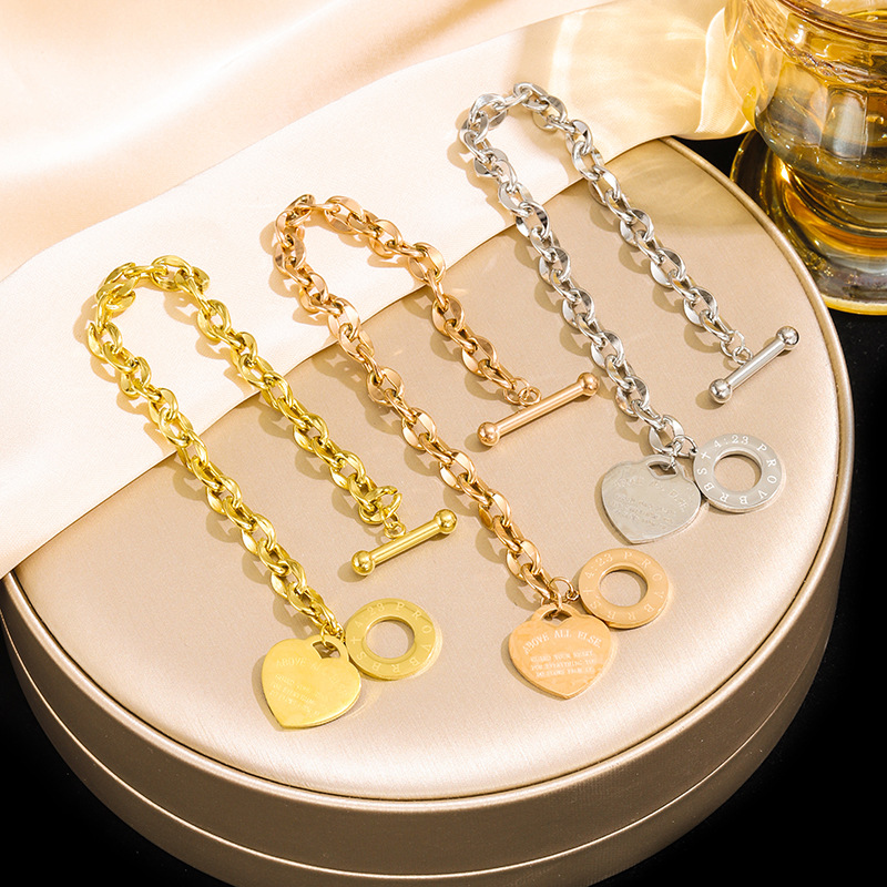 European and American Cross-Border Hot-Selling Supply Heart Stainless Steel Jewelry Personalized Versatile Hand Jewelry Ot Buckle Popular Titanium Steel Bracelet