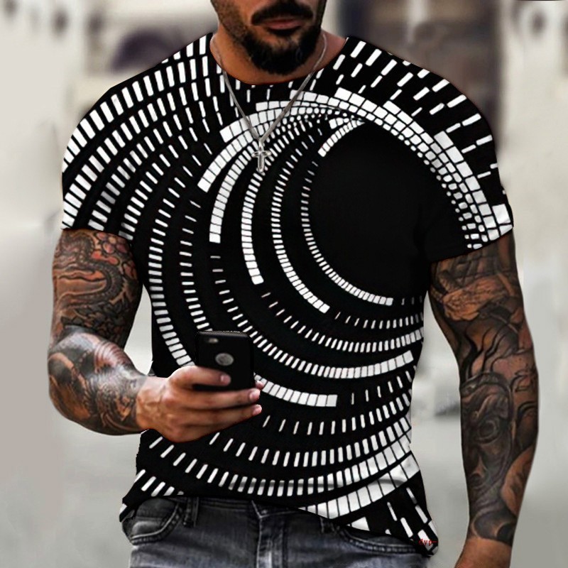 Comercio exterior transfronterizo hombres europeos y americanos holgados y transpirables camiseta de manga corta personalidad colorida visual vórtice impresión 3D