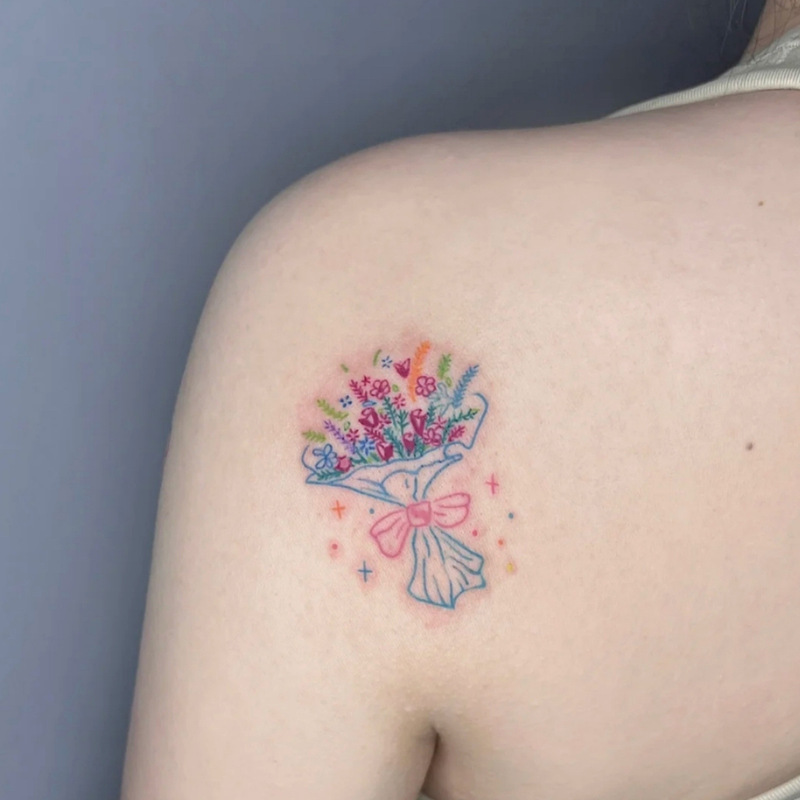 Cross-Border Popular Item: Instagram-Style Minimalist High-End Fresh Dopamine Dreamy Colorful Bowknot Bouquet Tattoo Sticker