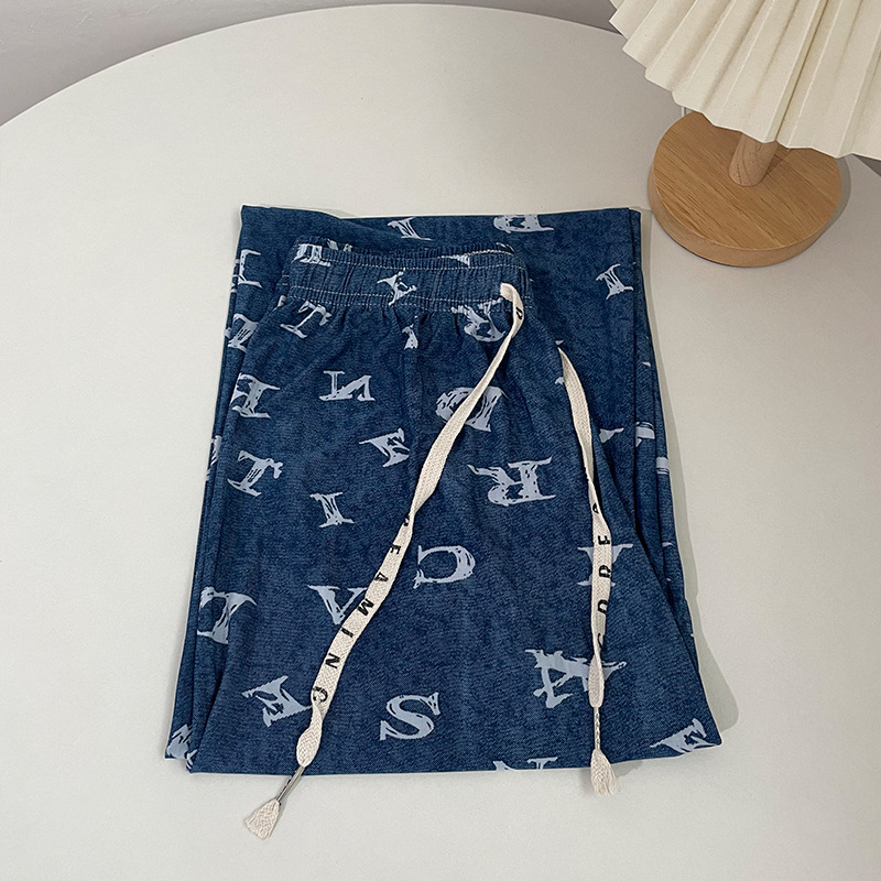 Pantalones jeans de piernas anchas de seda de hielo y nieve para mujeres verano delgados pantalones casuales de impresión de seda recta de cintura media delgada sensación colgante image 8