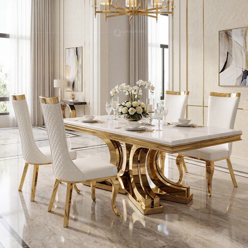 Mesa de Comedor de Mármol y Acero Inoxidable Rectangular para Restaurante y Hotel