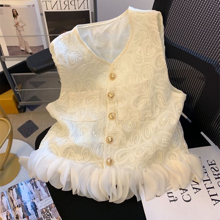 Chanel Style Sequin Embroidered Vest Shirt Women's Summer Unique Super Beautiful Three-dimensional Petal Stitching Sleeveless Vest