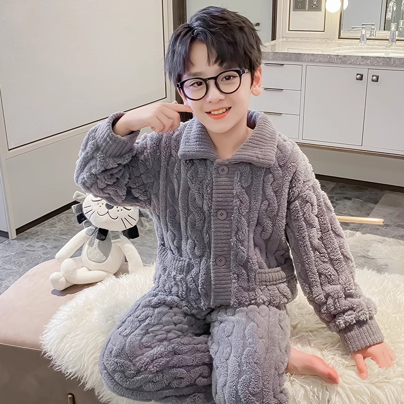 (2개) 어린이 의류 소년 잠옷 홈 의류 산호 양털 세트 가을과 겨울 기모 두꺼운 소년 속옷 큰 어린이를위한 따뜻한