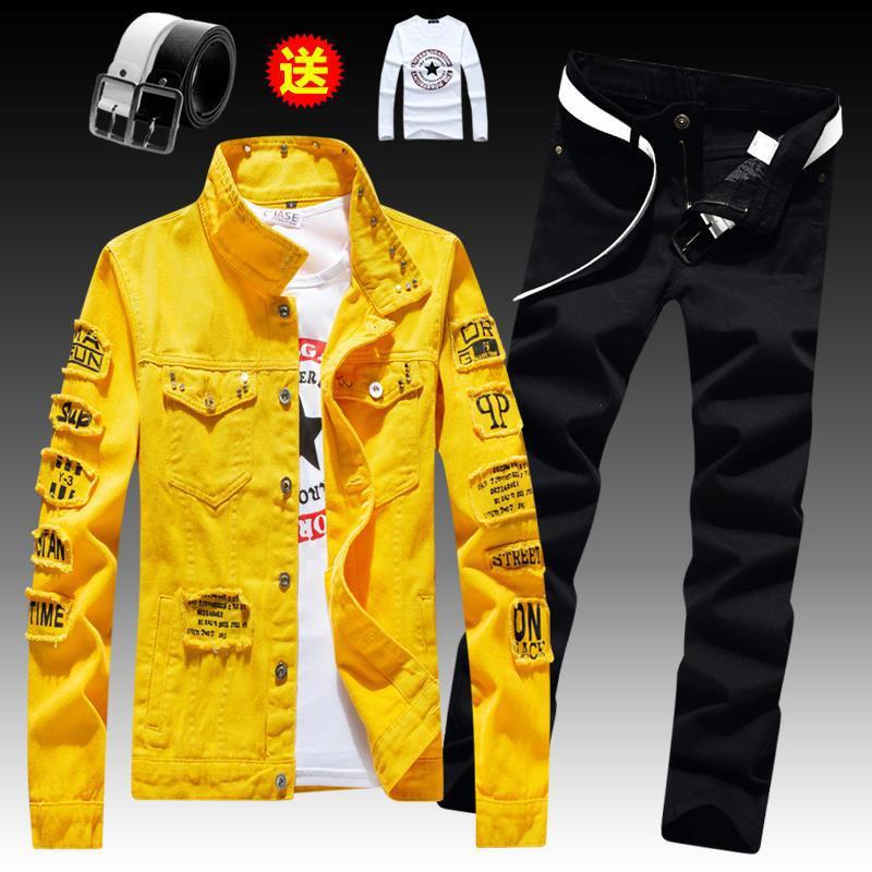 Autumn and Winter Men's Denim Jacket Paired with Long Pants, a Set of Korean-Style Trendy and Stylish Clothing, Jacket for Men Autumn and Winter Men's Denim Jacket Paired with Long Pants, a Set of Korean-Style Trendy and Stylish Clothing, Jacket for Men
