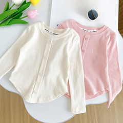 春秋季新款寶寶修身上衣純色洋氣時尚排扣T恤長袖女童打底衫童裝