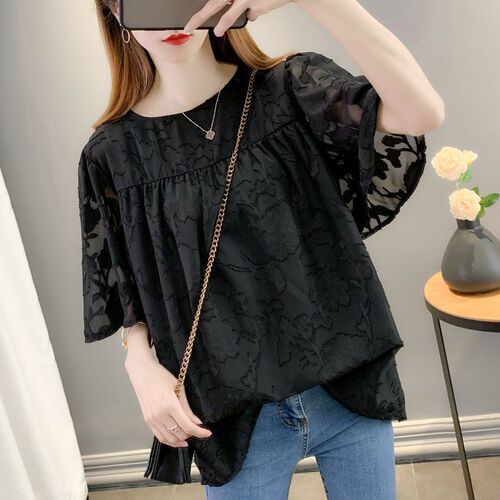 Short-sleeve chiffon blouse for women, spring fashion top, trendy European-style base shirt—early spring edition