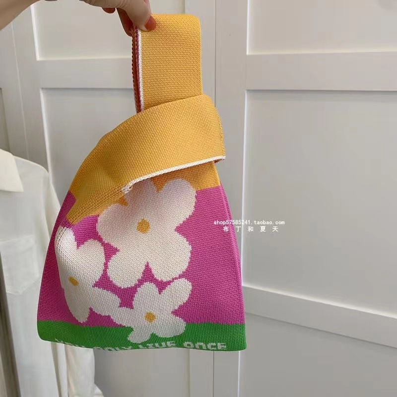 INS bolso de celebridad de Internet bolso de cubo de lana de punto para mujer bolso de mano casual bolso de mano de estilo japonés y coreano bolsa de Almuerzo