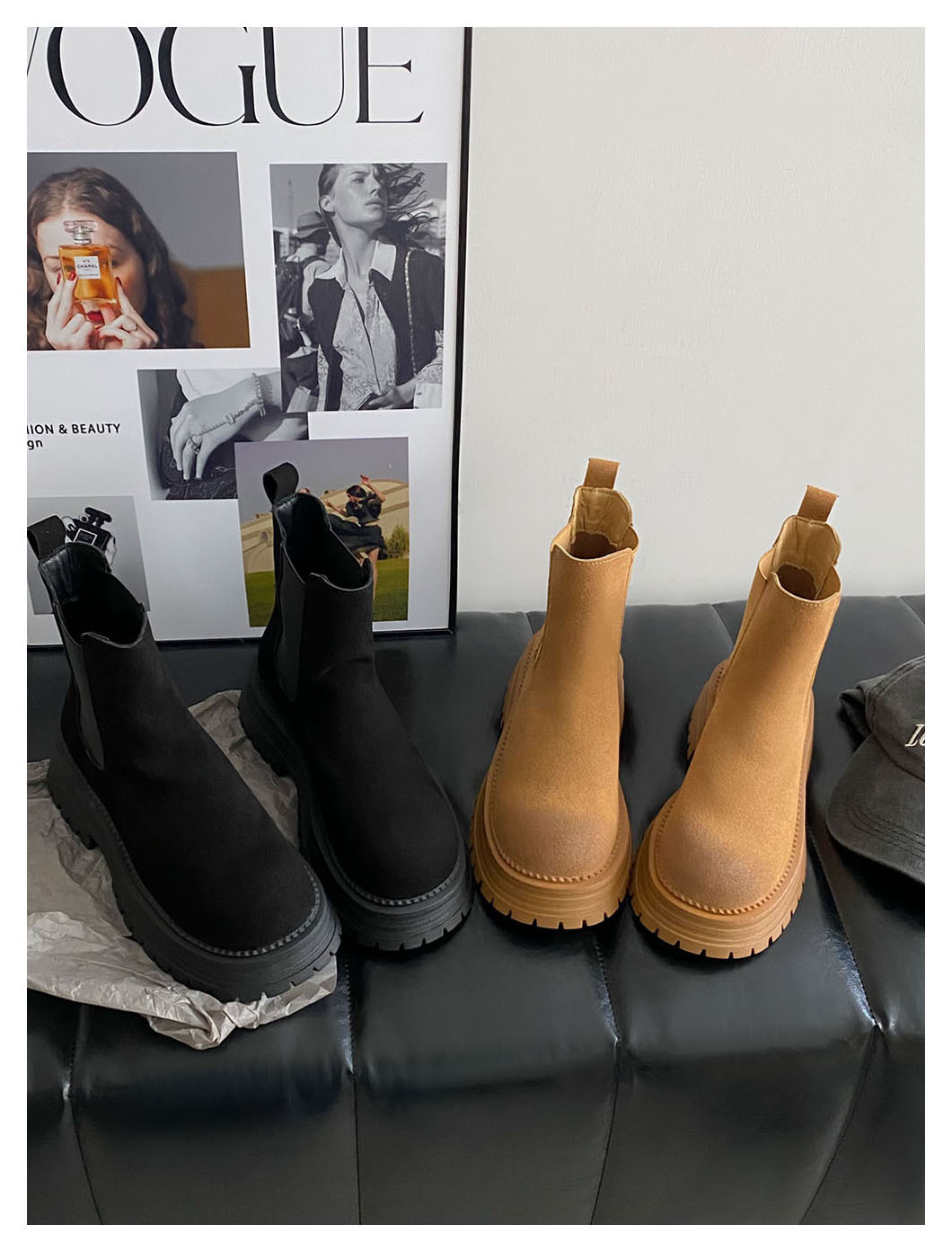 Retro all-in-one platform booties Women's new ankle boots with thick heel elastic sanded leather boots_voghion.com