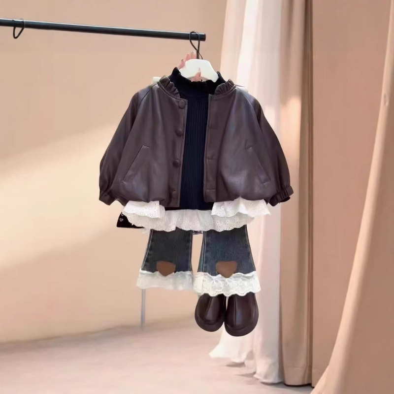 2026 New Style Girls' Leather Jacket, Spring and Autumn Korean Style Fashionable Casual Children's Jacket, Baby Loose Lace Top