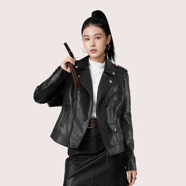 跨境欧美现货水洗发皮衣外套女春秋冬季新款翻领皮衣女机车服仿皮