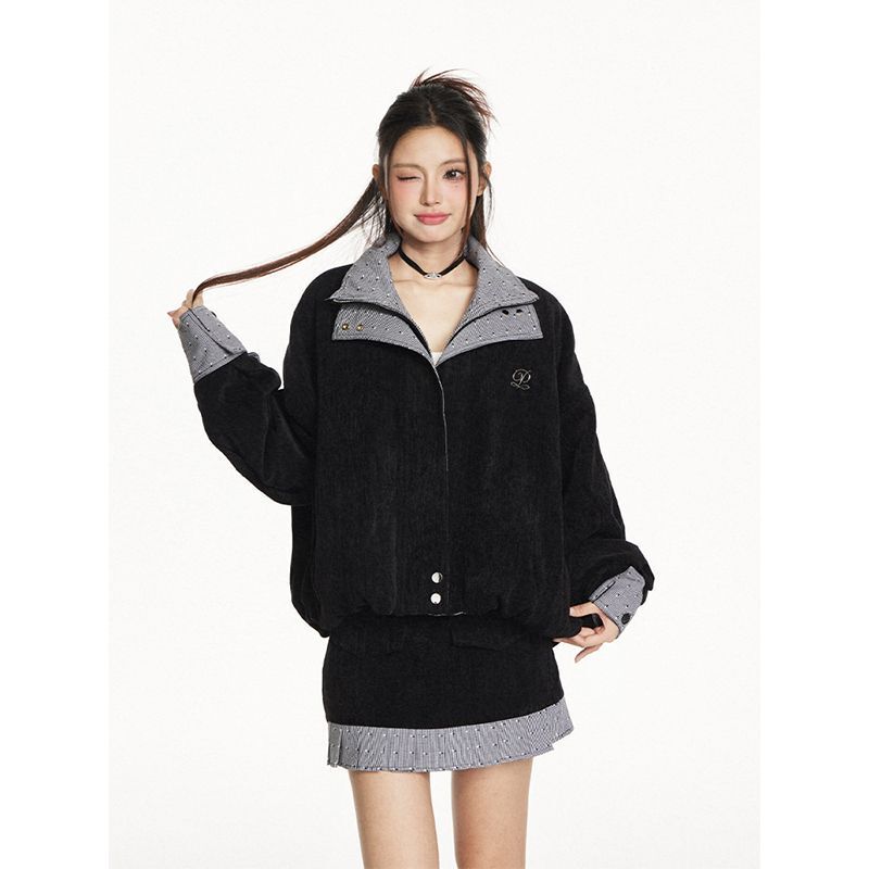 Korean-style casual loose-fitting stand-collar jacket with a unique touch, versatile skirt for women, autumn and winter trendy sweet and cool outfit