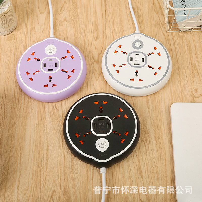 T19#圆形排插3USB+1Type-c混色盒装带安全门接线插座台湾外贸排插