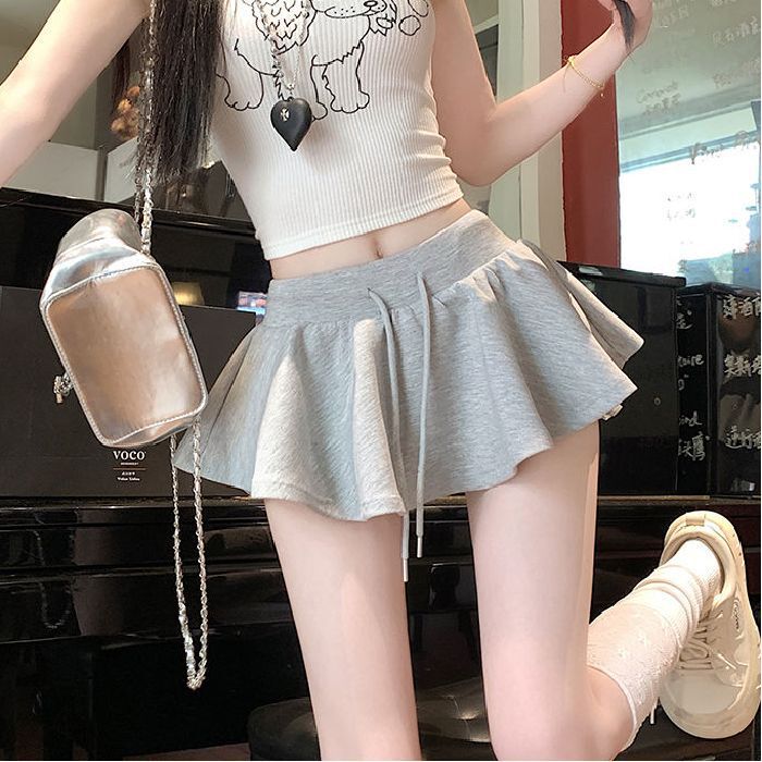 Ballet Style Gray Drawstring Skirt Women's Summer High-Waisted Anti-Exposure Culottes Slimming Look Puffy Skirt A-Line Skirt