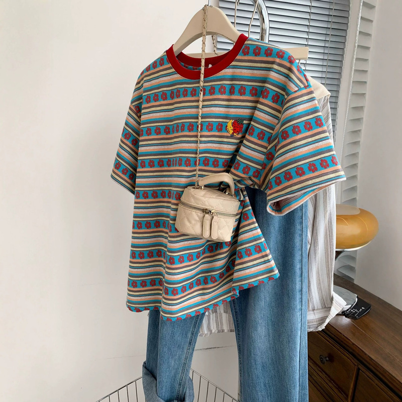 Plus-Size Women's Clothing 120kg Summer Embroidered Colorful Striped Top Fashion European Style Loose Versatile T-Shirt That Hides the Body Shape