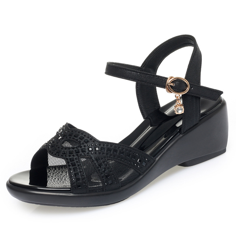 Sandal nữ đế xuồng da thật gót vừa thoải mái — Màu đen