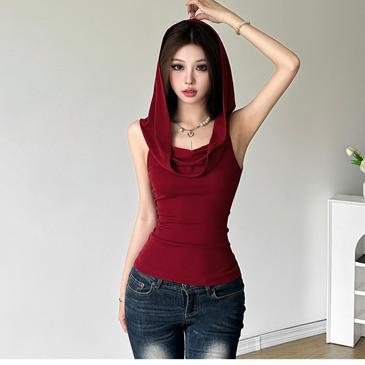 American-Style Sexy Spicy Girl Sleeveless Hooded Tank Top T-Shirt for Women, Summer Design, Unique and Chic, Slim-Fit and Flattering Top American-Style Sexy Spicy Girl Sleeveless Hooded Tank Top T-Shirt for Women, Summer Design, Unique and Chic, Slim-Fit and Flattering Top