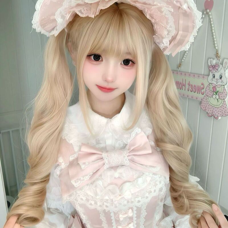 Yiduo Wig Internet Celebrity Shao Luo Natural Wig Double Ponytail齐 Bangs Wig Lolita Roman Curl 80cm Headgear