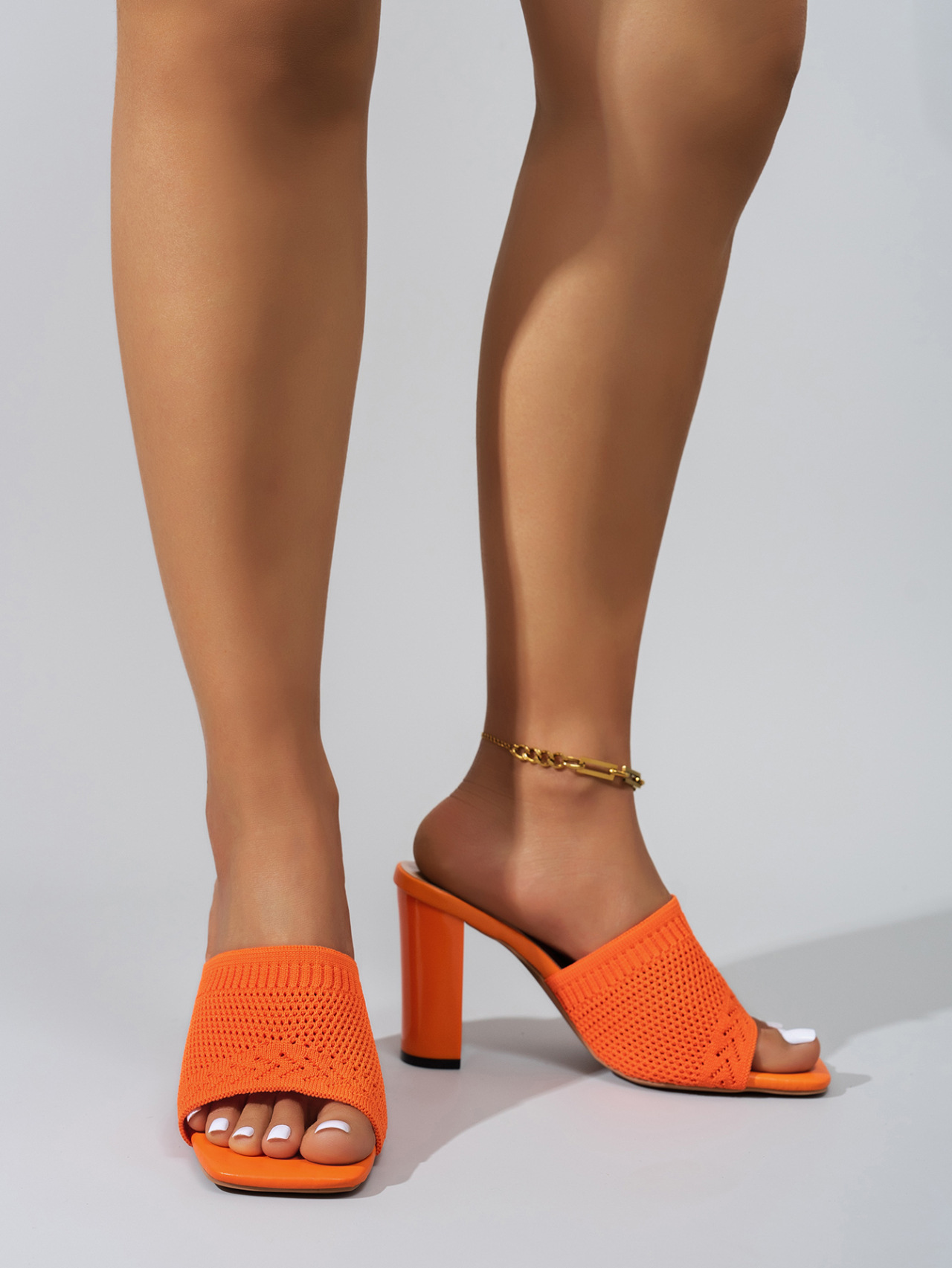 Women's Square Toe Flyknit High Heeled Sandals Chunky Heel Slippers_voghion.com