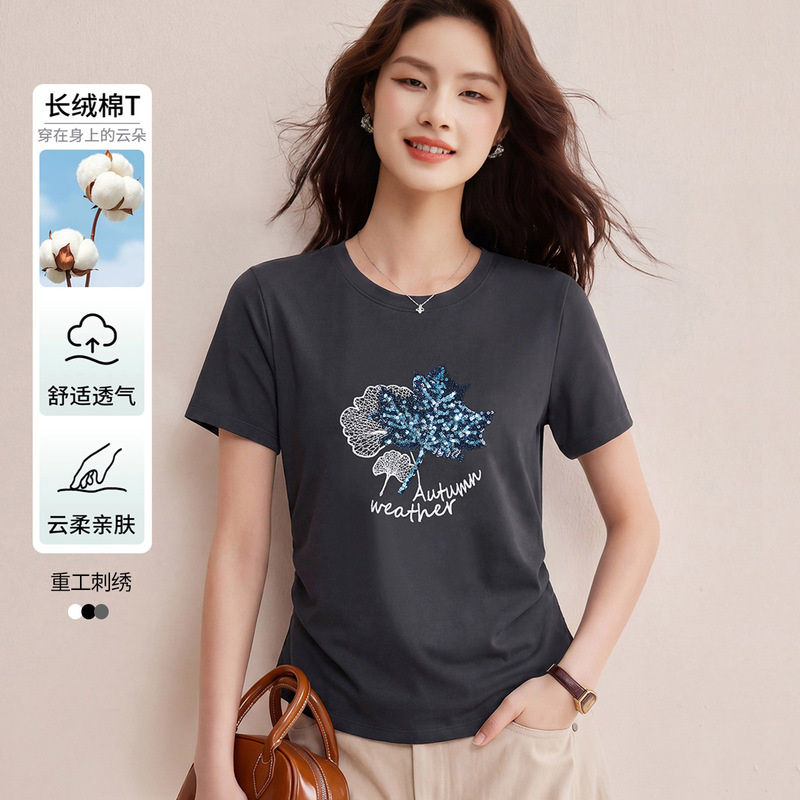 Trendy Gray Round-Neck Short-Sleeve T-Shirt for Women, 2026 Summer New Design with Sequin Embroidery, Slim-Fit High-Cotton Top Trendy Gray Round-Neck Short-Sleeve T-Shirt for Women, 2026 Summer New Design with Sequin Embroidery, Slim-Fit High-Cotton Top