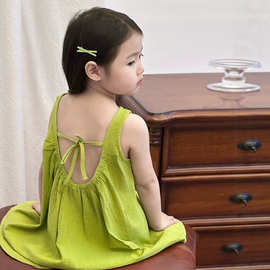纯棉女童连衣裙夏季纯棉2026新款牛油果绿色女宝无袖背心裙沙滩裙