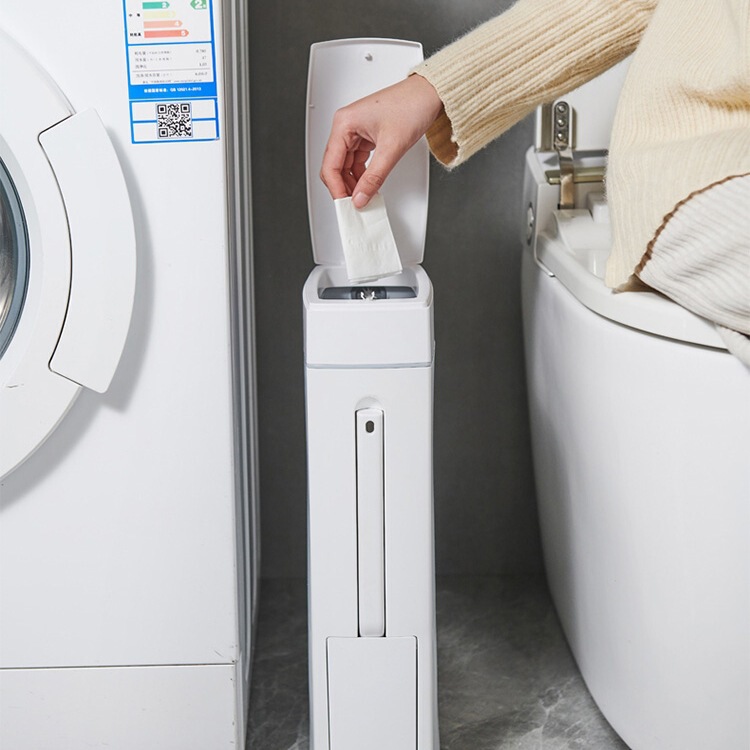 Narrow Gap Trash Can for Bathroom with Lid, Small Ultra-Thin Press-Type Toilet Brush Integrated