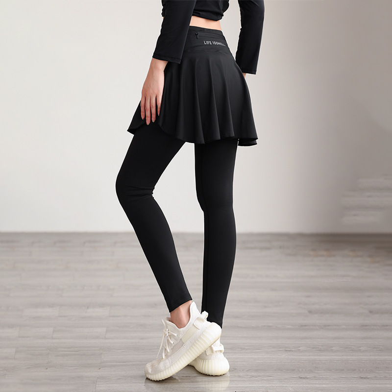 Sports Pants Fake Two-Piece Women's Pleated Skirt Outer Wear plus size Slimming High Elastic Tight Yoga Pants New High Waist Fitness Pants