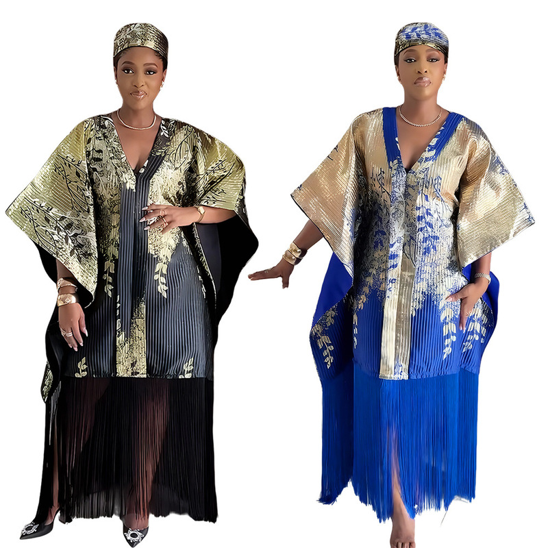 Aliexpress Cross-Border Foreign Trade African Gold-Stamped Plus-Size Robe Headscarf Cross-Border Women's Clothing Tassel Dress