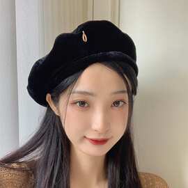 秋冬小香风丝绒金属标贝雷帽女韩系气质复古百搭网红画家八角帽子