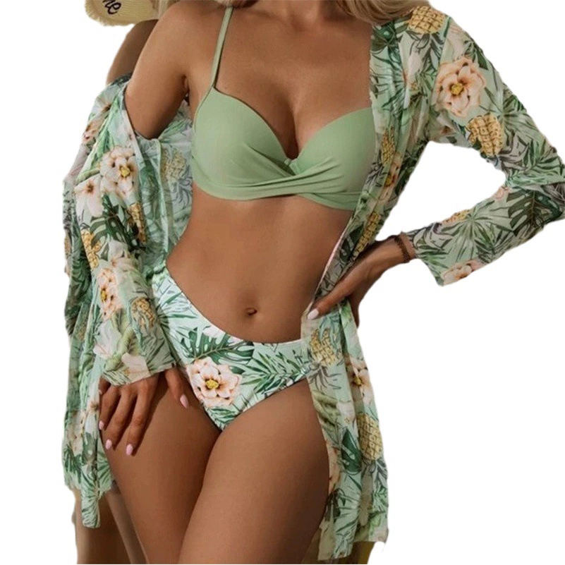 2023 Новый трансграничный купальник Комплект из трех предметов Европейский и американский женский купальник с принтом с разрезом Европейское и американское бикини