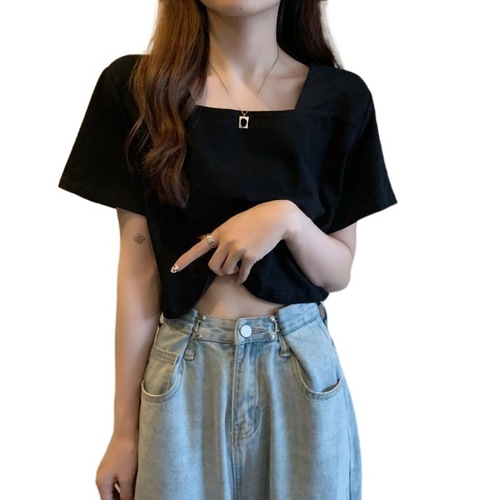 Women's Short-Sleeve T-Shirt with Slimming Design, Versatile Summer Top, Edgy French Square Collar, Stylized Short Tunic