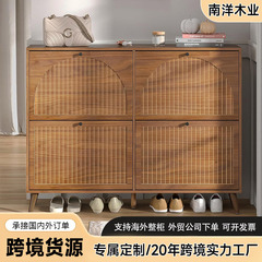 2025新款鞋柜日本超薄翻斗木质收纳柜日式藤编储物柜中古风大容量