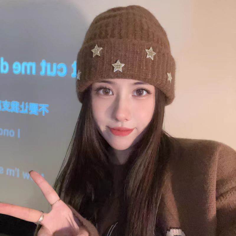 新款针织帽子女冬季韩版显脸小星星毛线帽大头围保暖防寒百搭冷帽|undefined