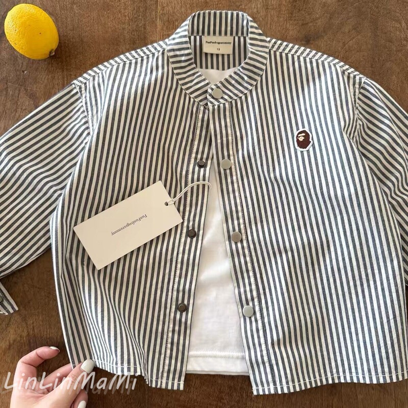 Children's Shirt 2026 Autumn Boys' Japanese Style Trendy Striped Long Sleeve Shirt for Young Children, Stylish Stand Collar Top Wholesale
