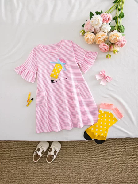 Cross-Border Children's Clothing Summer Trendy Sweet Striped Dress Stylish European and American New Style Girls' Short-Sleeve Dress Socks