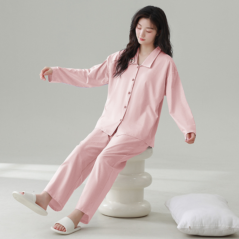 잠옷 여성의 새로운 [COOL COTTON] 긴 소매 바지 세트 옷깃 가슴 패드 솔리드 컬러 편안한 외부 착용 홈 의류 세트