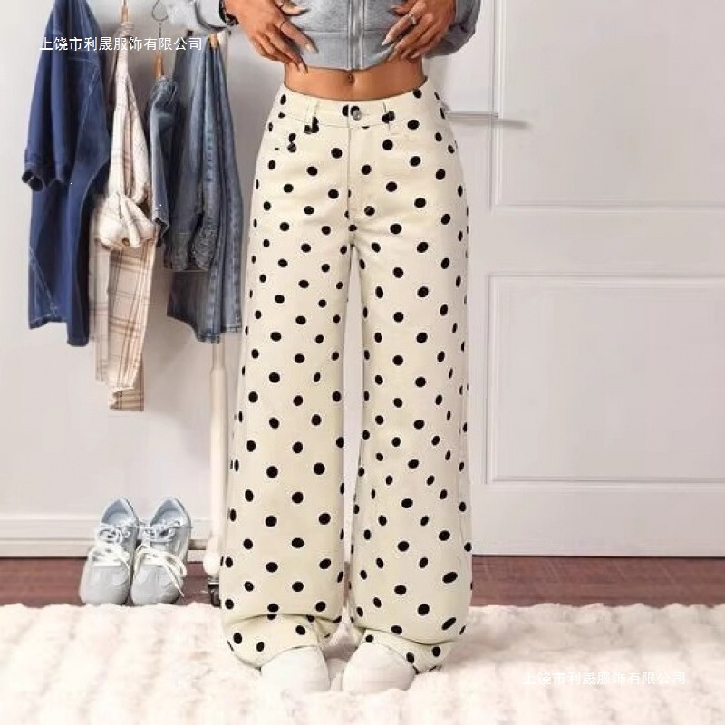 Independent Foreign Trade Website Shein New Spring and Autumn Polka Dot Maple Leaf Print Wide-Leg Jeans High-Waisted Loose Street Style Long Pants