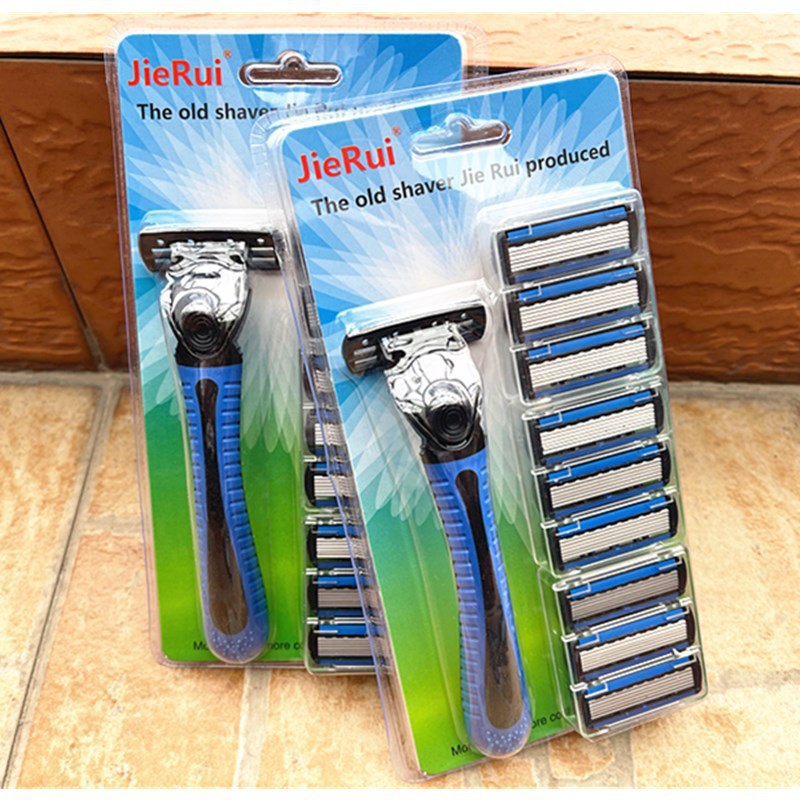 Wholesale stainless steel 6-layer razor blade old-fashioned manual men's shaving razor blade 1 holder 9 blades