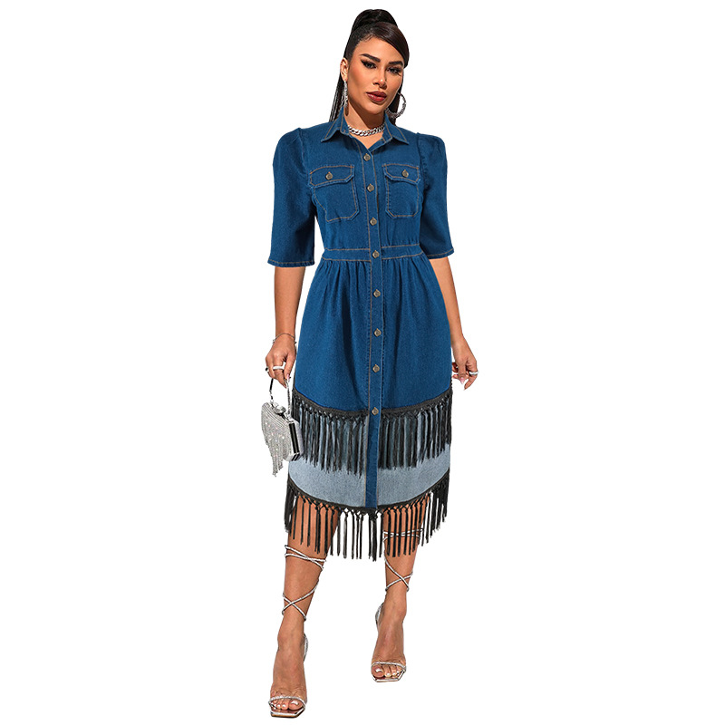 Plus size jeansklänning för kvinnor med krage och tofsar_voghion.com
