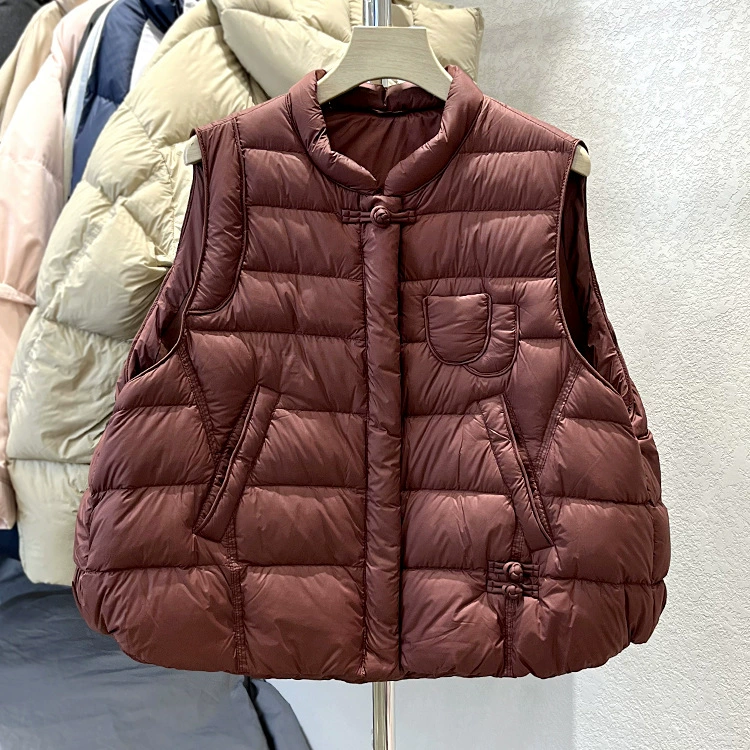 Новый осенне-зимний жилет с воротником-стойкой из белого утиного пуха для женщин, жилет на пуговицах в стиле ретро, ​​универсальная модная куртка