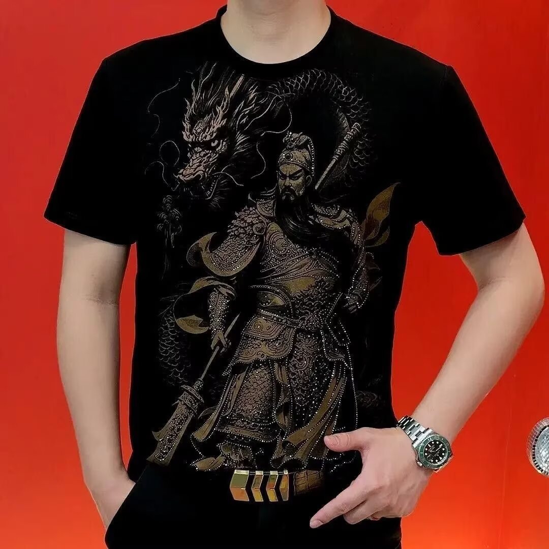 2026 verano nuevo hombre social hegemónico Guan Yu caliente taladro camiseta de manga corta hombre dragón volador en el cielo delgado tendencia de estilo libre