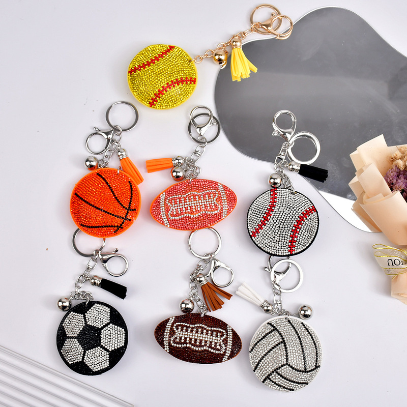 Cross-border creative football basketball volleyball baseball hot diamond keychain mini fashion Japanese and Korean bag tassel pendant