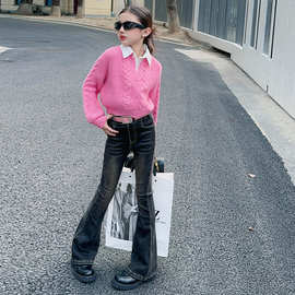 女童秋冬套装2024新款中大童甜美假两件衬衫领毛衣洋气牛仔裤两件