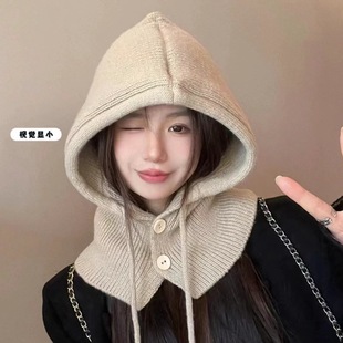 Korean Balaclava Autumn and Winter Warm Knitted Ear Protection Neck Hooded Women's Fashion Scarf All-In-One Wool