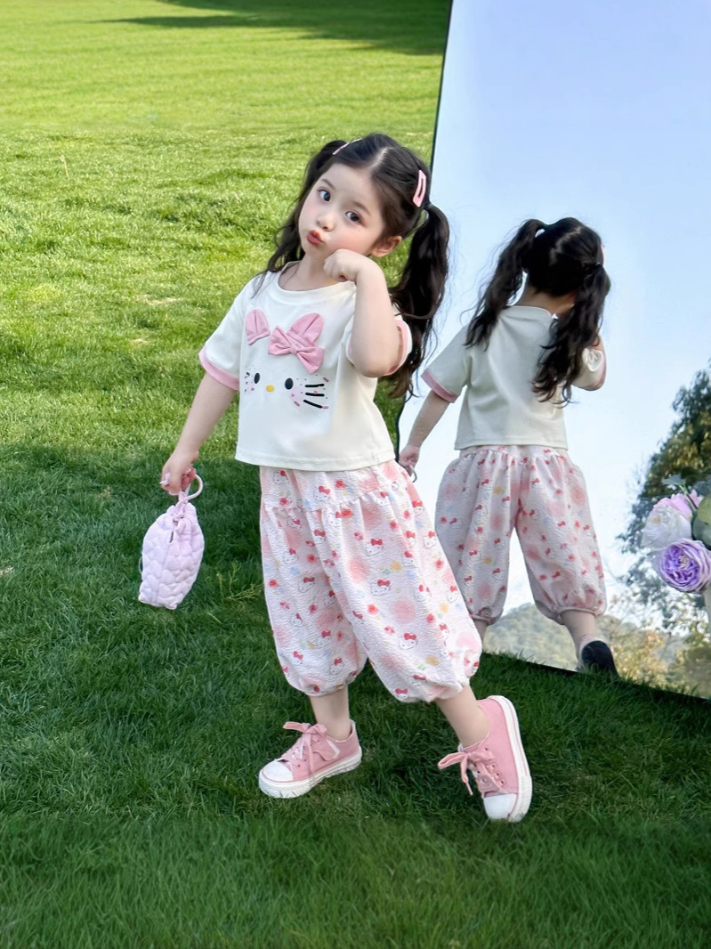 【48時間以内発送】新作おしゃれ女児用白半袖カジュアルツーピースセット 女の子用サマーセット